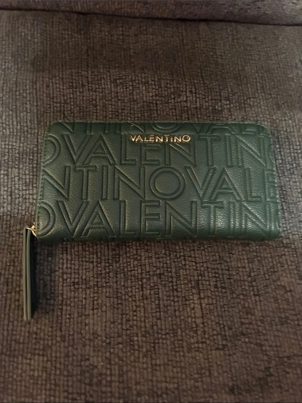 Mario Valentino Dark Green Embossed Zip-Around Wallet with Gold Logo